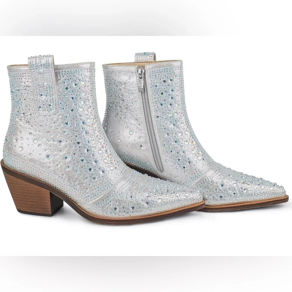 ISNOM Rhinestone Cowboy Boots Sparkly Ankle Boots with Pointed Toe and C…